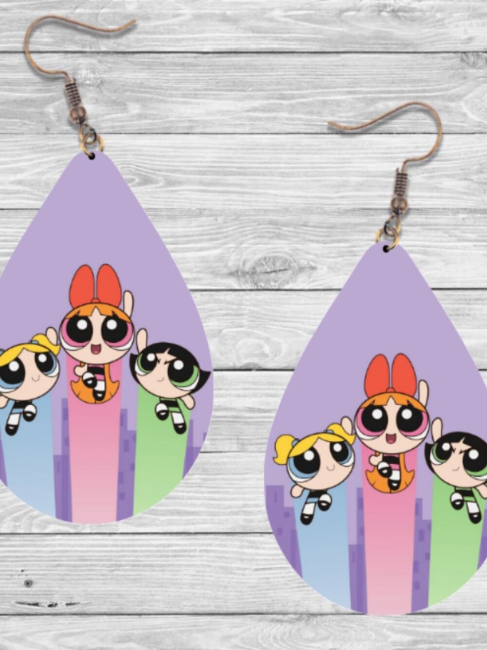 Powerpuff Girls Earrings: 90's Cartoon Wooden Teardrop Hypoallergenic Earrings